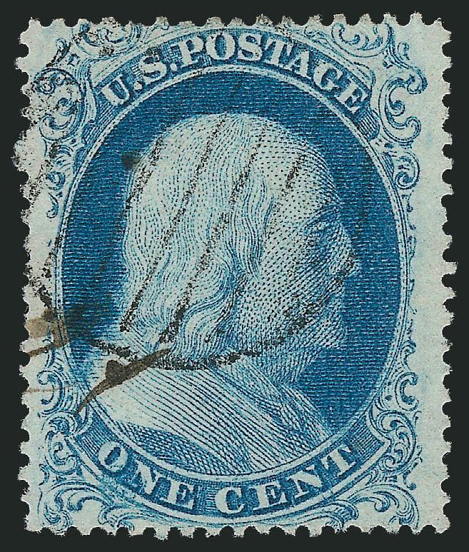 1c Blue, Ty. I (18).> Position 25L12 with <major double transfer,> well-centered with slightly wider right margin, lovely pastel color, neat grid cancel and a little bit of ms. from address, Very Fine,
exceptionally choice example (see Neinken, p. 49