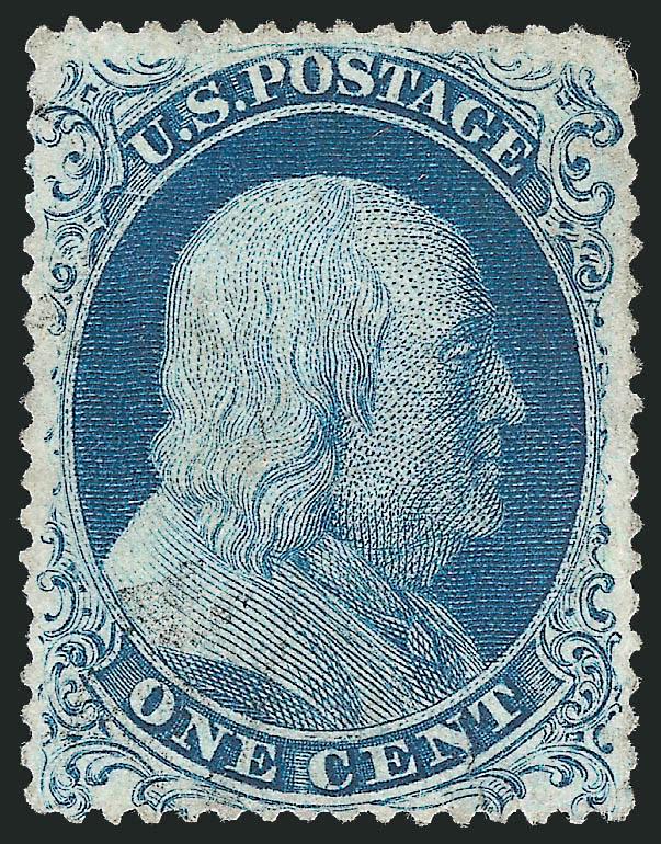 1c Blue, Ty. Ic (19b).> Position 96R4, with <curl in C of Cent>, stitch watermark, lightly cancelled, choice centering for this difficult issue, small sealed tear at bottom right, tiny corner perf crease at
bottom right, Very Fine appearing examp