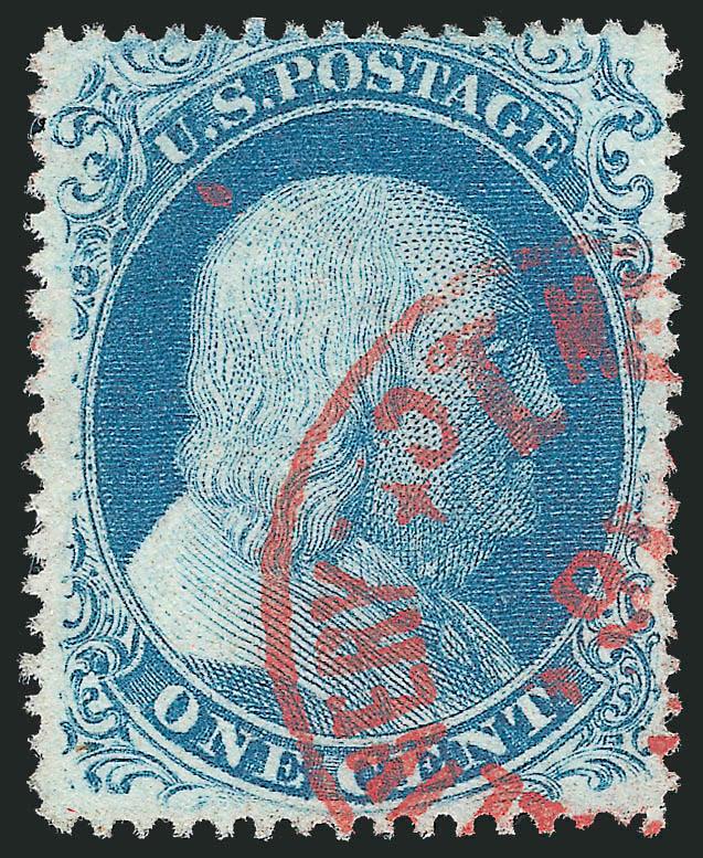 1c Blue, Ty. II (20).> Exceptionally well-centered with lovely bright color and vivid <red New York carrier> datestamp, Extremely Fine, with 2003 P.F. certificate
