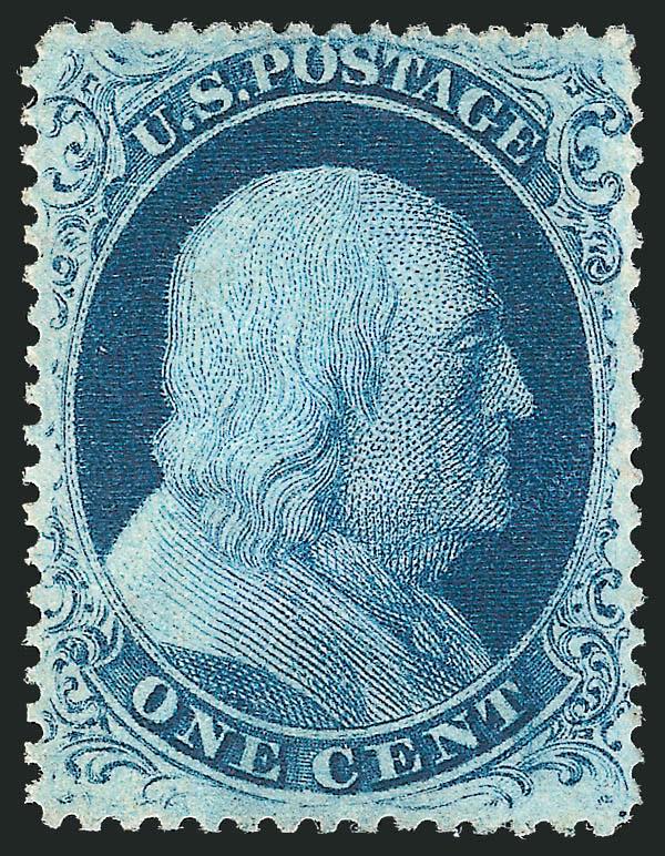 1c Blue, Ty. III (21).> Plate 4, pen cancel expertly removed and regummed, precise centering, intense color on bright white paper, small corner crease, Extremely Fine appearance, with 2001 P.S.E.
certificate