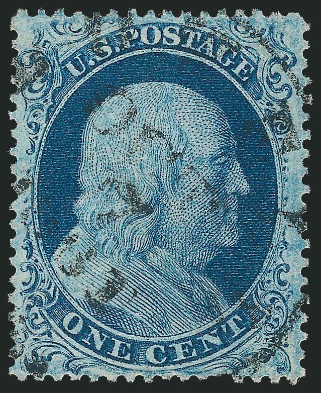 1c Blue, Ty. IIIa (22).> Plate 11, rich color, choice centering with well-balanced margins for this difficult issue, neat strike of circular datestamp, Extremely Fine, with 1988 P.F. and 2009 P.S.E.
certificates (XF 90 SMQ $1,400.00)