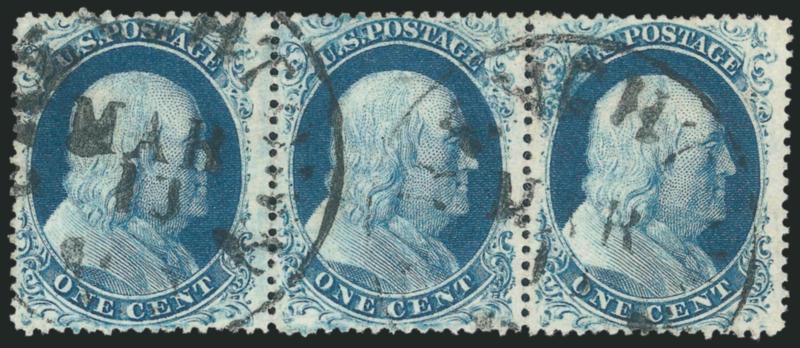 1c Blue, Ty. IIIa (22).> Plate 11, A Relief, horizontal strip of three, <center stamp double transfer,> choice centering, rich color, neat strikes of circular datestamp<><>EXTREMELY FINE. A BEAUTIFUL HORIZONTAL
STRIP OF THREE OF THE 1857 ONE-CENT P