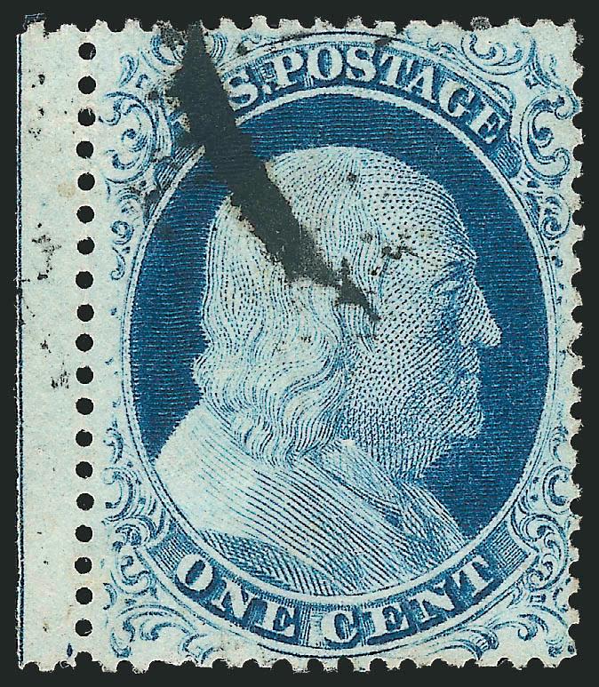 1c Blue, Ty. IV (23).> Position 21R1L, recut once at top and twice at bottom, rich color on bright paper, with <straddle-pane selvage and centerline> at left, cancelled by rim of datestamp<><>^EXTYREMELY FINE.
A BEAUTIFUL USED EXAMPLE OF THE 1857 O