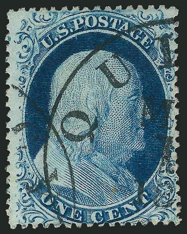 1c Blue, Ty. IV (23).> Nicely centered, intense dark shade and impression (uncharacteristic for Plate 1 Late printings), boldly struck partial Quincy Ill. circular datestamp, Very Fine