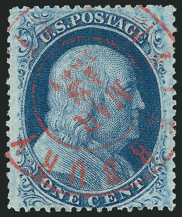 1c Blue, Ty. V (24).> Beautifully centered, lovely color and impression, complemented by a <bright red> Waterbury Conn. 1861 double-circle datestamp, Extremely Fine Gem, with 2009 P.S.E. certificate (XF-Superb
95 SMQ $435.00 as ordinary cancel)