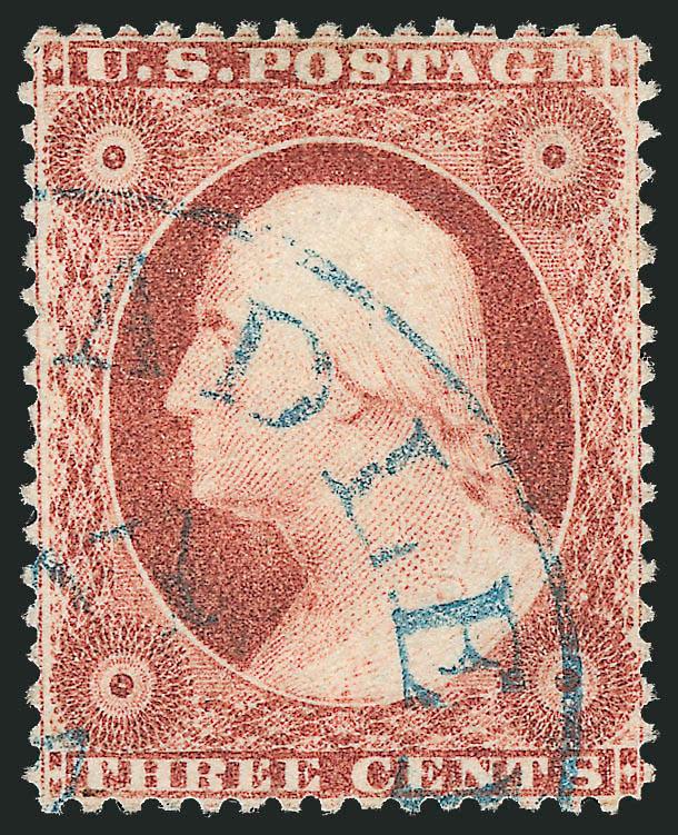 3c Rose, Ty. I (25).> Exceptionally well-centered, pleasing color and neat <blue> circular datestamp, Very Fine and choice, with 2008 P.S.E. certificate (VF-XF 85 SMQ $285.00)