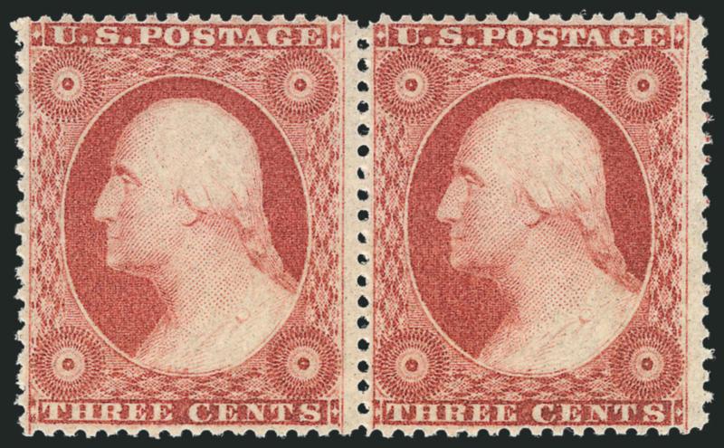 3c Dull Red, Ty. III (26). Mint N.H.> horizontal pair, intense shade on bright paper, Very Fine and choice, Scott Retail as hinged