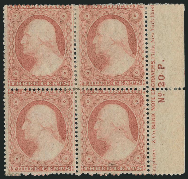 3c Dull Red, Ty. III (26).> Block of four with <part imprint and plate no. 20 at right,> original gum, h.r., few minor perf separations confined to selvage, Fine and desirable plate no. and imprint multiple,
Scott Retail with no premium for the posit