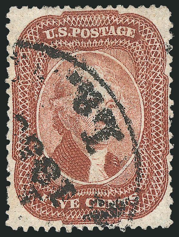 5c Brick Red (27).> Remarkably well-centered, rich color, bold New Orleans circular datestamp, single blind perf at left, Very Fine and choice, the 5c Brick Red is rarely encountered in choice condition (to
verify this statement, please use Power Sea