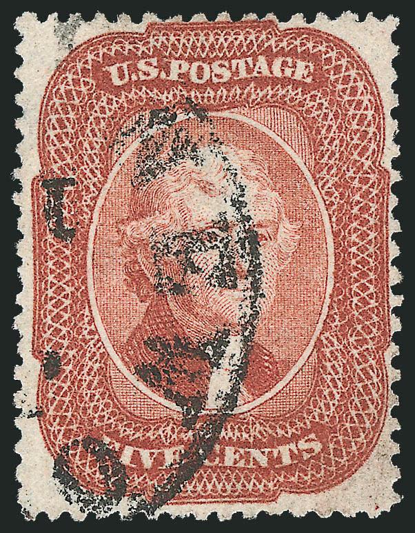5c Brick Red (27).> Bright color and exceptionally well-centered for this difficult issue, New Orleans circular datestamp, Very Fine, with 2010 P.S.E. certificate (VF 80 SMQ $1,600.00)