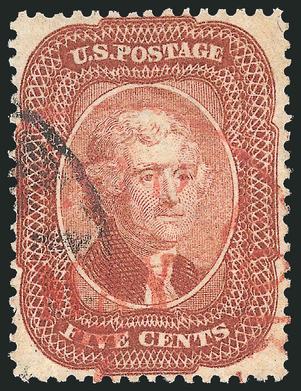 5c Brick Red (27).> Bright shade, face-free strike of circular datestamp and red transit, skillfully reperfed at top (not mentioned on older certificate), appears Very Fine, with 1978 and 2010 P.F.
certificates