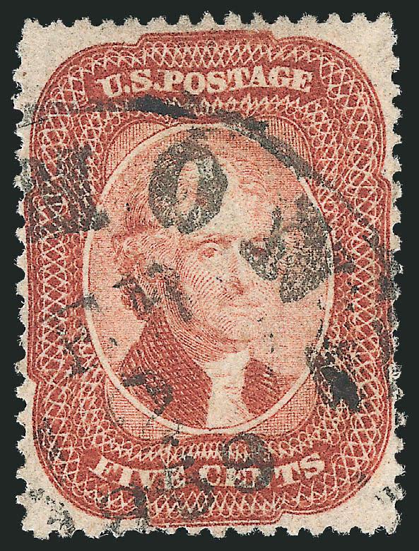 5c Brick Red (27).> Warm shade, perfs clear all around, 1859 town datestamp, reperfed at left, Extremely Fine appearance