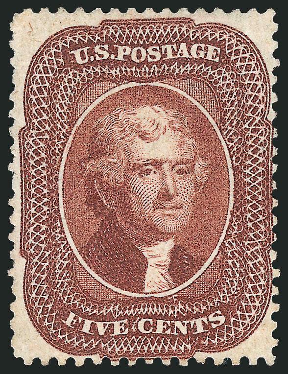 5c Red Brown (28).> Unused (no gum), beautiful color on fresh paper with lovely impression, small corner crease at top left<><>^FINE APPEARANCE. AN EXTREMELY RARE UNUSED EXAMPLE OF THE 1857 5-CENT RED
BROWN.^<><>According to Power Search, this is