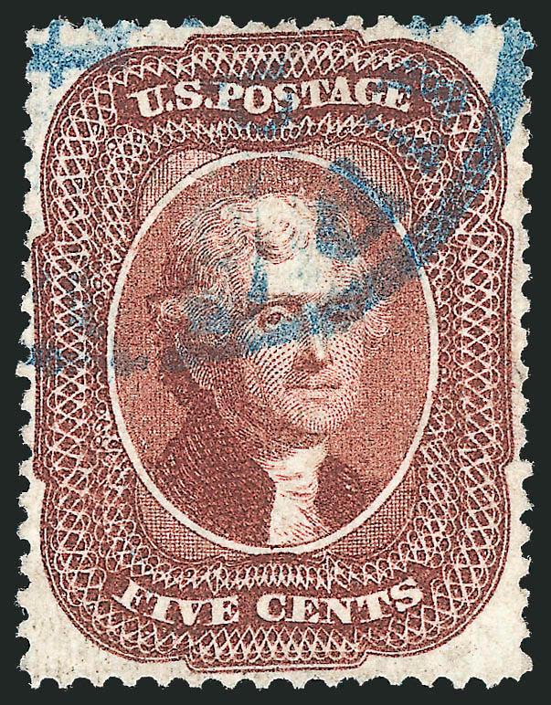 5c Red Brown (28).> Perfs clear all around, crisp 1856 shade, <blue> circular datestamp cancel, couple tiny flaws, Very Fine appearance