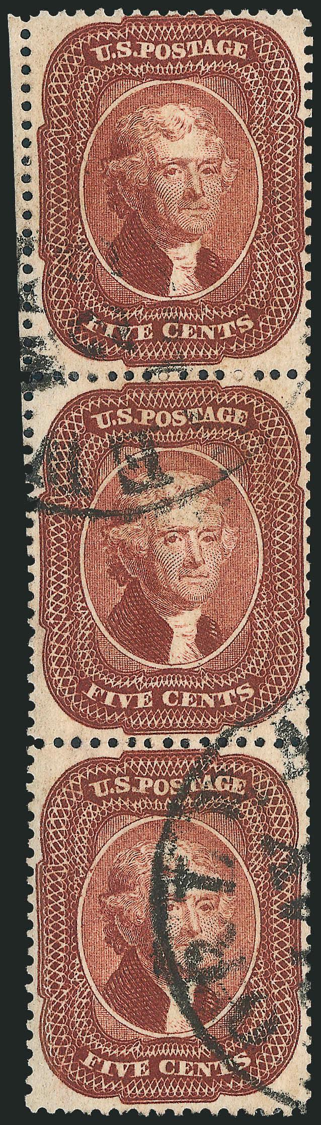 5c Red Brown (28).> Vertical strip of three, beautiful warm shade (originally submitted to the P.F. as Indian Red), scissors-separated and with intact perfs at left, neat New Orleans circular
datestamps<><>^VERY FINE. A SCARCE VERTICAL STRIP OF THR