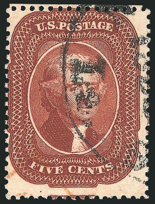 5c Indian Red (28A).> Intense and unmistakable Indian Red shade, New Orleans circular datestamp, Fine, with 1992 P.F. certificate for strip of three