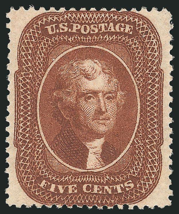 5c Orange Brown, Ty. II (30).> Unused (no gum), well-centered, single short perf at lower left, still Very Fine, with 1980 P.F. certificate