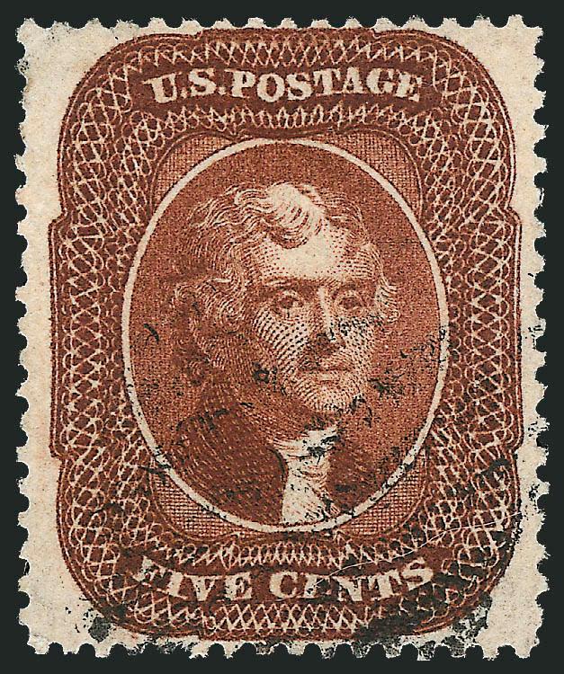 5c Orange Brown, Ty. II (30).> Remarkably well-centered with unusually wide margins at sides and with design completely clear at top and bottom, deep rich color, light face-free grid cancel<><>^EXTREMELY FINE.
A WONDERFUL EXAMPLE OF THE 1861 5-CENT