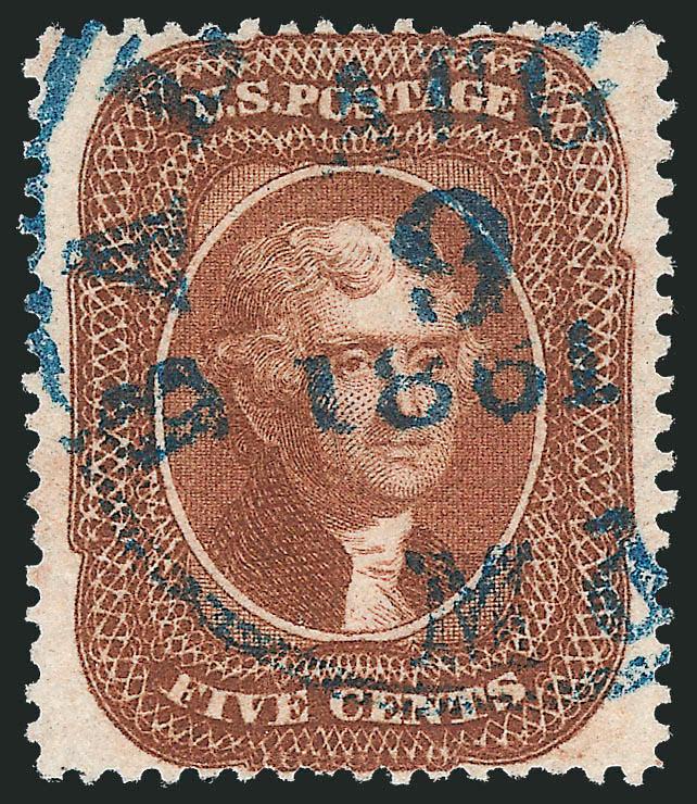 5c Orange Brown, Ty. II (30).> Beautiful color with complementary <blue> Baltimore Md. Aug. 9, 1861 circular datestamp, well-centered, unobtrusive tiny margin flaw at top, otherwise Extremely Fine, used
approximately eight days before demonetizatio