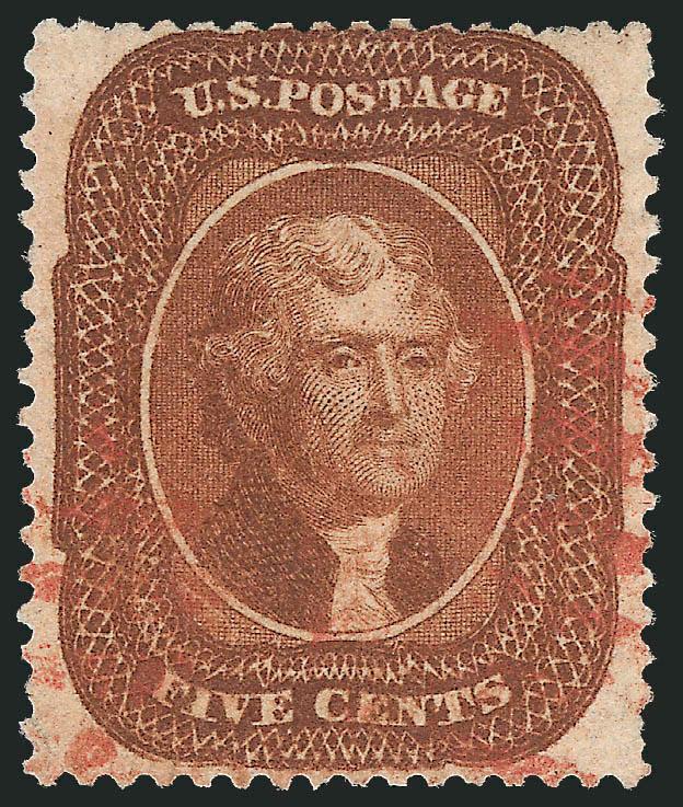 5c Orange Brown, Ty. II (30).> Red grid and circular datestamp cancels, reperfed at top and short perf lower right, Very Fine appearance