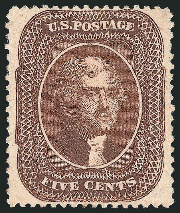 5c Brown, Ty. II (30A).> Unused (regummed), nicely balanced margins with perfs clear of the design all around, rich color, Extremely Fine, with 1986 P.F. certificate