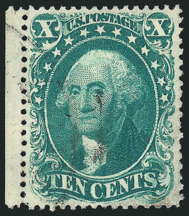 10c Bluish Green, Ty. I (31).> Incredibly well-centered with <sheet selvage> at left, true dark Bluish-Green color, light circular datestamp cancel, tiny thin spot, Extremely Fine appearance, with 1998 P.F.
certificate as Green