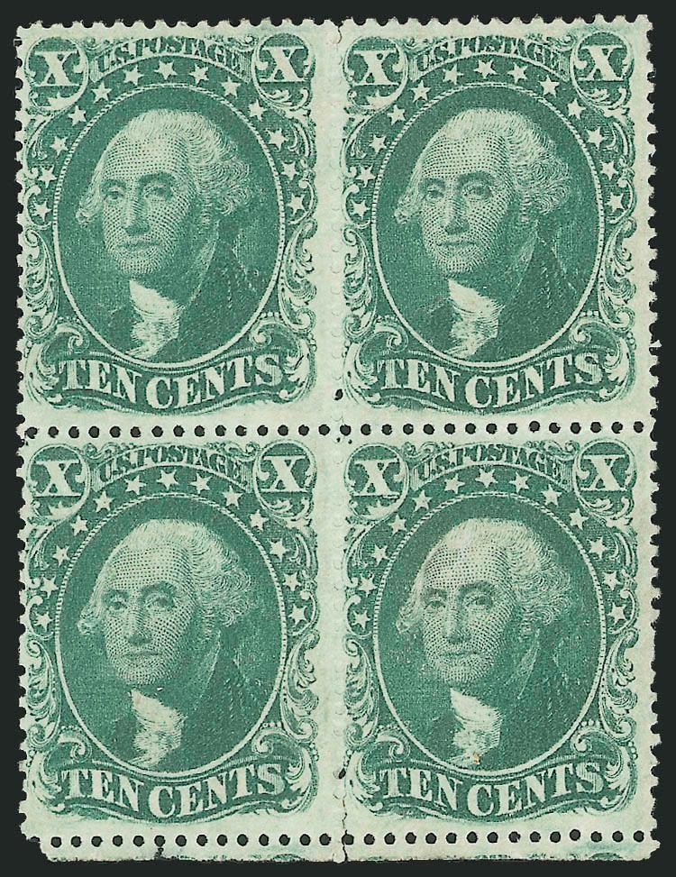 10c Green, Ty. II, III (32-33).> Block of four, top pair Ty. III, bottom pair Ty. II, unused (no gum), rich color on fresh paper, intact perfs with parts of adjoining stamps at bottom, blind vertical perfs,
bottom pair with light horizontal crease, b