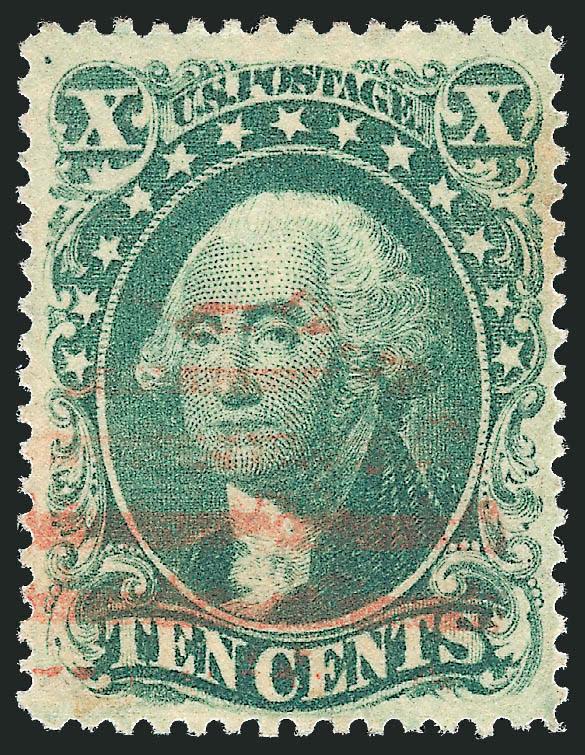 10c Green, Ty. II (32).> Choice centering with perfs clear of the design all around, rich color and light <red grid> cancel, Very Fine, with 2002 P.F. certificate