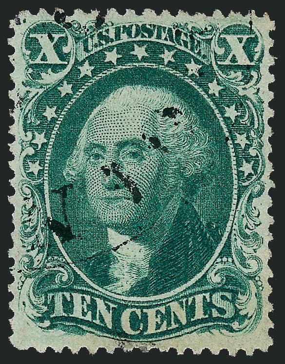 10c Green, Ty. IV (34).> Position 76L1, recut at bottom, essentially perfect centering, lovely rich color with a light circular datestamp, clear impression<><>^EXTREMELY FINE GEM. A MARVELOUS USED EXAMPLE OF
THE PERFORATED 1857 10-CENT TYPE IV WITH