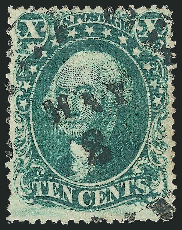10c Green, Ty. IV (34).> Position 55L1, recut at bottom, well-centered with extra wide bottom margin surrounding recut line which is free of the town datestamp cancel, rich color, Very Fine, with 1980 P.F.
certificate