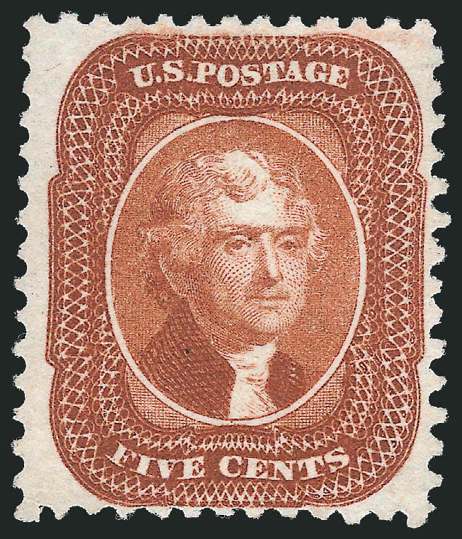 5c Orange Brown, Reprint (42).> Without gum as issued, rich color on bright fresh paper, nicely balanced margins and centering, Very Fine and choice, only 878 sold