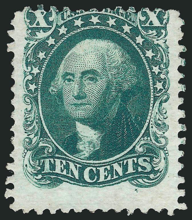 10c Blue Green, Reprint (43).> Without gum as issued, freakish centering with three extra wide margins and deeply cut in at top, rich color, Very Good, only 516 sold and this is a perforation oddity among them,
with 1981 P.F. certificate