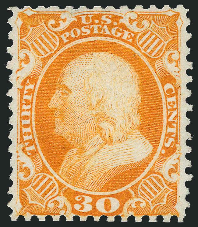 30c Yellow Orange, Reprint (46).> Without gum as issued, vibrant color on bright paper, remarkably choice centering for this difficult issue<><>^VERY FINE AND CHOICE. A MAGNIFICENT EXAMPLE OF THE 30-CENT 1857
REPRINT.^<><>Only 480 sold. With 1994