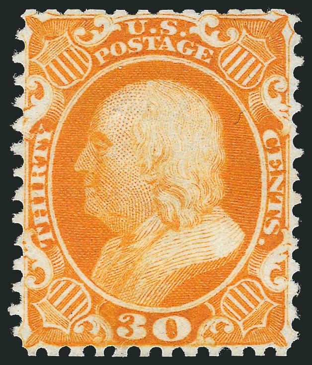 30c Yellow Orange, Reprint (46).> Without gum as issued, vivid color and well-centered, scissors-separated at top, Very Fine, one of the most challenging of the 1857-60 Reprints to find centered and sound, only
480 sold, with 1988 P.F. certificate