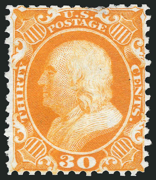 30c Yellow Orange, Reprint (46).> Without gum as issued, exceptionally well-centered, bright color, few short perfs at top and left, small thin spot, Very Fine appearance, only 480 sold