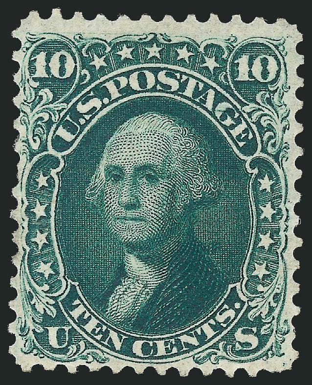 10c Dark Green, First Design (62B).> Original gum, lightly hinged, well-centered, deeply etched impression and with the classic strong August shade, couple nibbed perfs<><>^VERY FINE APPEARANCE. A RARE
ORIGINAL-GUM EXAMPLE OF THE 1861 10-CENT FIR