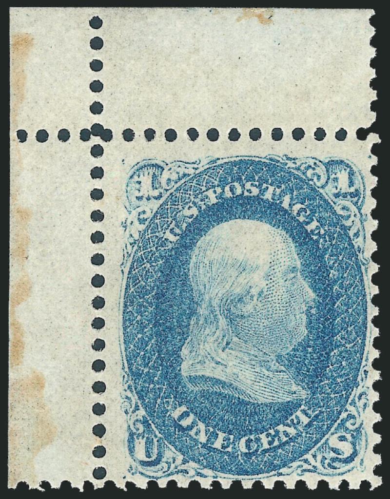 1c Blue (63). Mint N.H.> and with <top left corner sheet selvage,> rich color, Fine, scarce in Mint N.H. condition and with corner selvage, with 2010 P.S.E. certificate, Scott Retail as hinged