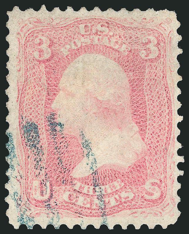 3c Pigeon Blood Pink (64a).> Brilliant color in the true Pigeon Blood shade, nicely centered with perfs clear of design all around, unobtrusive strike of <blue> grid cancel<><>^VERY FINE USED EXAMPLE OF THE
1861 3-CENT PIGEON BLOOD PINK. A RARE STA
