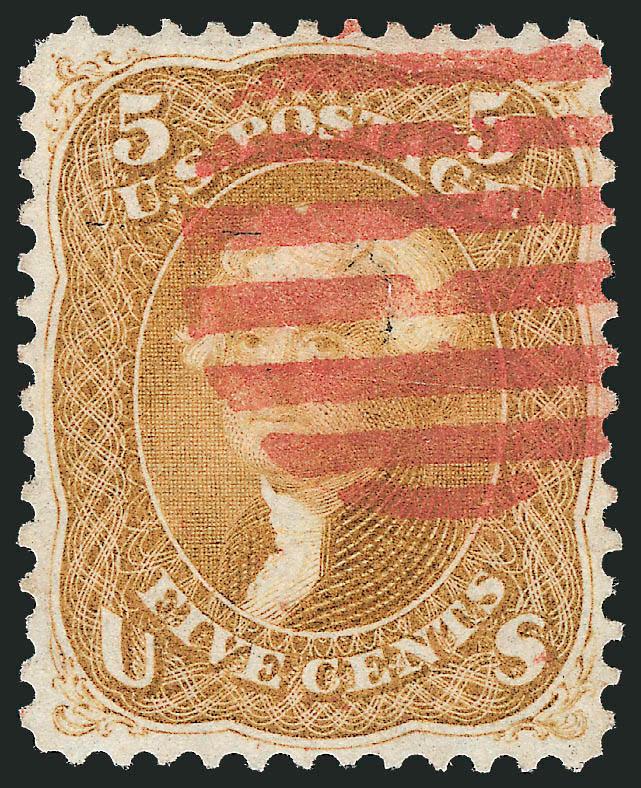 5c Buff (67).> Beautiful centering with perforations well clear of the design on all sides, wonderful strong color complemented by a bold <red grid> cancel<><>^EXTREMELY FINE GEM. A GORGEOUS USED EXAMPLE OF THE
1861 5-CENT BUFF.^<><>With 1983 P.F
