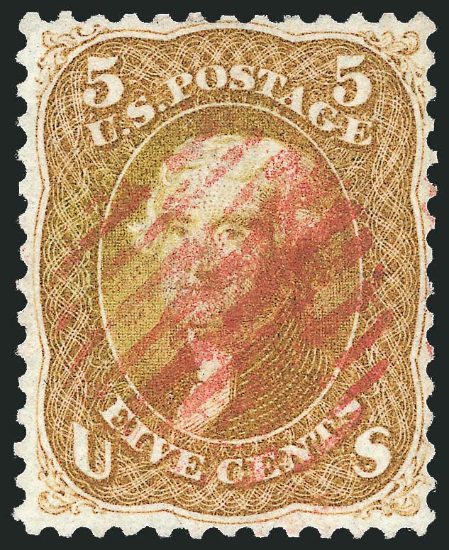 5c Buff (67).> Intense shade, <red grid> cancel, margins wide to just clear, most recent certificate notes slight discoloration affecting Jeffersons head and left side of oval, still Very Fine appearing example
of this difficult stamp, with 1999 a