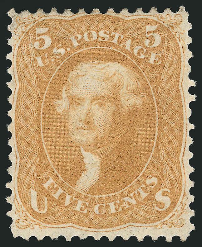5c Brown Yellow (67a).> Original gum, true Brown Yellow shade with bright yellowish hue, centered slightly to top but perfs mostly clear, light horizontal crease at top<><>^FINE APPEARANCE. A RARE ORIGINAL-GUM
EXAMPLE OF THE 5-CENT 1861 ISSUE IN TH