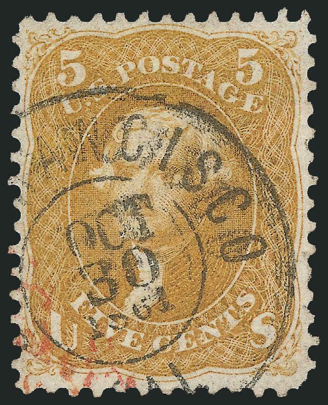 5c Brown Yellow (67a).> Bright color, unusually choice centering, neat strike of San Francisco Cal. Oct. 30, 1861 double-circle datestamp and trace of red transit, expertly reperfed at left, Very Fine
appearance, with 2010 P.F. certificate