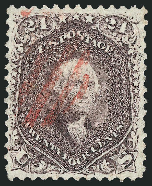 24c Red Lilac (70).> Beautifully centered with perfs well clear of design all around, intense shade with strong purplish hue, <red grid> cancel, Extremely Fine, light owners backstamp, with 1988 P.F. and 2009
P.S.E. certificates (XF 90 SMQ $775.00