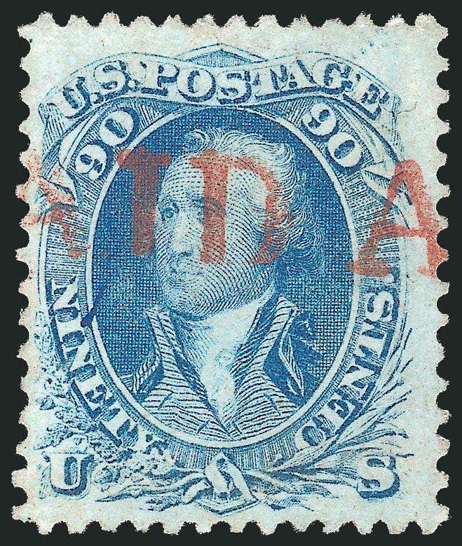 90c Blue (72).> Bright color nicely complemented by <red Paid All> straightline handstamp and small bit of blue ms. cancel at left center, fresh and Very Fine, very few examples of the 90c 1861 exist with a
Paid All foreign-mail handstamp, with 2