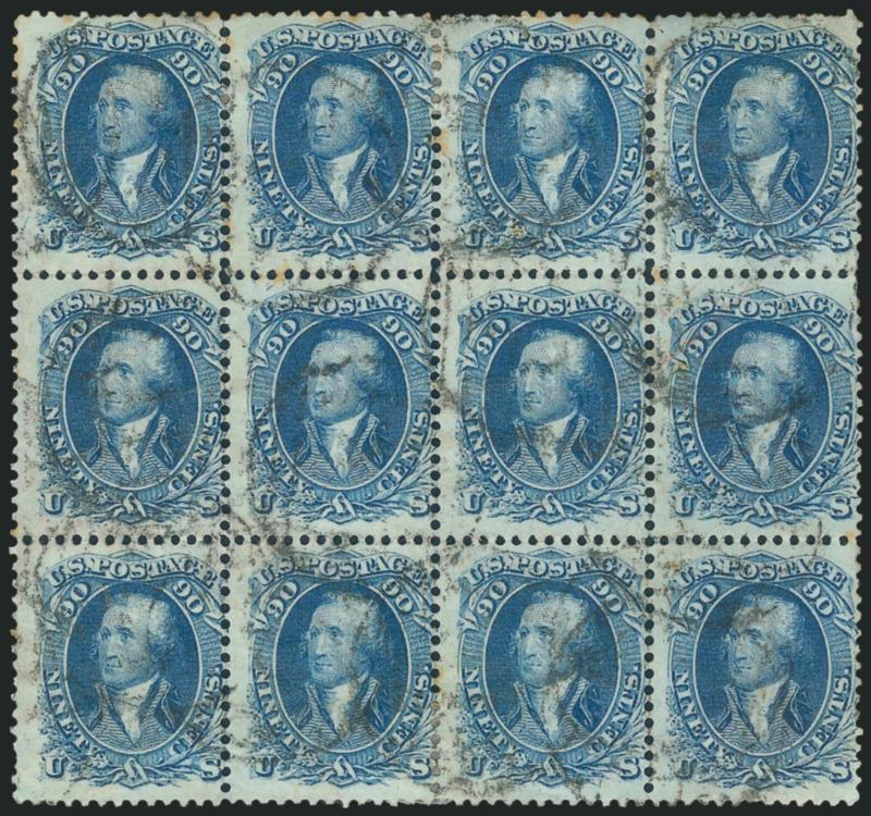 90c Blue (72).> Block of twelve (4 x 3), lightly cancelled by multiple strikes of Boston large Paid grid, bottom right small corner crease, few short perfs and some negligible toning specks<><>^VERY GOOD-FINE
APPEARANCE. AN EXTREMELY RARE LARGE M