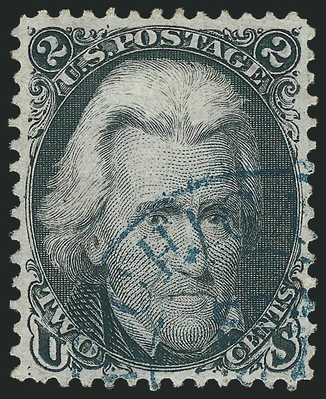 2c Black (73).> Beautiful margins and centering, sharp impression, neat <blue> circular datestamp, Extremely Fine, with 1983 P.F. certificate