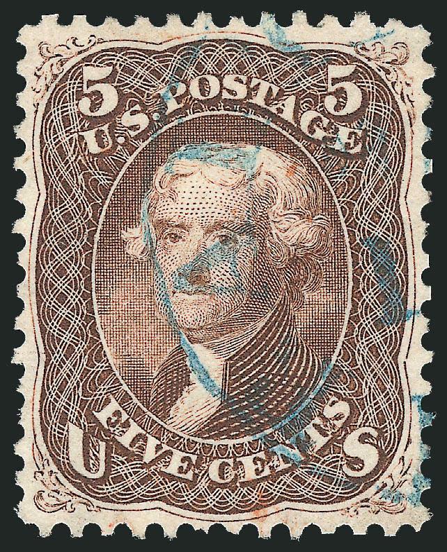 5c Brown (76).> Perfect centering, crisp shade, <blue> Baltimore circular datestamp cancel, Extremely Fine
