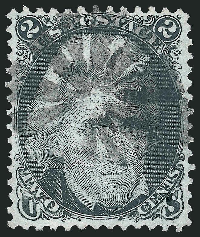 2c Black, D. Grill (84).> Intense shade and impression, clearly-defined grill, neat strike of circle of Vs cancel<><>^VERY FINE AND CHOICE. A BEAUTIFUL USED EXAMPLE OF THE 1867 2-CENT D GRILL. A DIFFICULT STAMP
TO FIND IN SUCH CHOICE CONDITION.^<