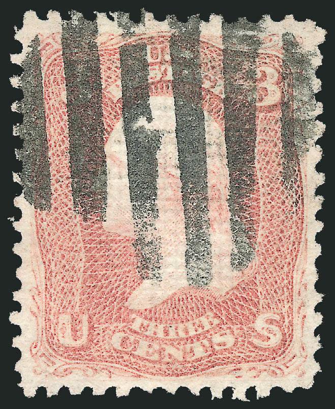 3c Rose, D. Grill (85).> Incredibly well-centered for this scarce grill, bright color, bold large unframed grid cancel<><>^EXTREMELY FINE. A TRULY OUTSTANDING USED EXAMPLE OF THE 1868 3-CENT D GRILL.^<><>With
2008 P.S.E. certificate