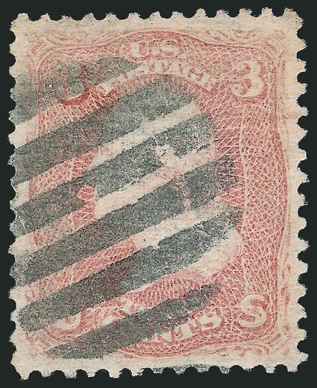 3c Rose, D. Grill (85).> Exceptionally well-centered, bold unframed grid cancel<><>^EXTREMELY FINE. A GORGEOUS USED EXAMPLE OF THE 1868 3-CENT D GRILL.^<><>Signed Brookman. With 1987 and 1991 P.F.
certificates